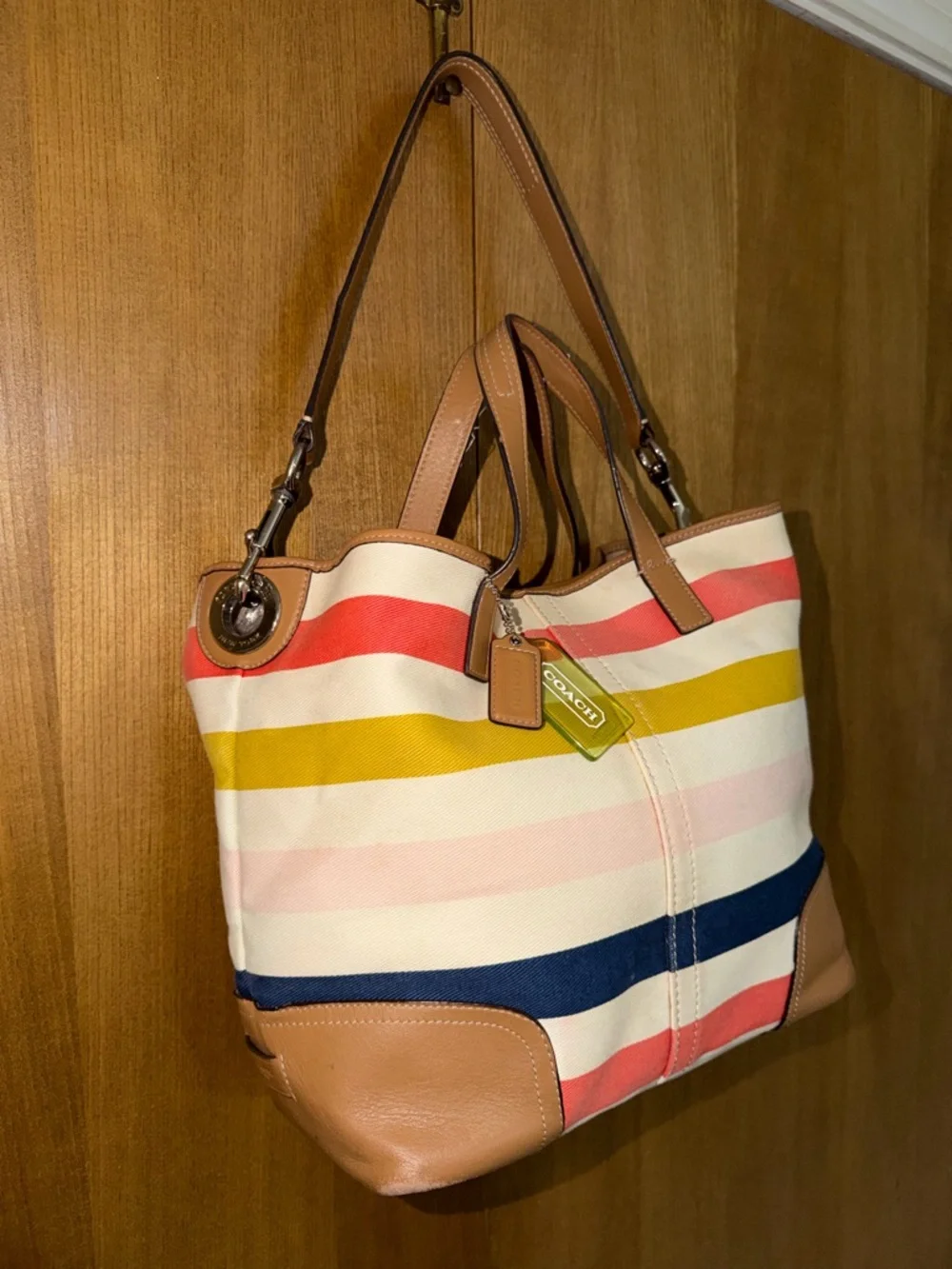 Coach Striped Canvas Tote in Coral, Mustard, Navy & Pink with Tan Leather F30041 - Picture 1 of 16